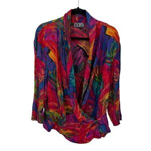 MA Studio Wrap Top Womens L/XL Multicolor Abstract Print Vintage 90s Art to Wear